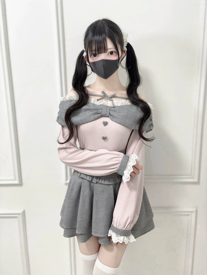 Ryousangata Off-Shoulder T-shirt, Long/Short Sleeve Available (Grey-Pink / M S) 45265:844891