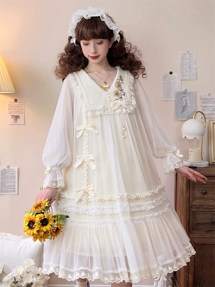 Sunflower Daily Lolita Dress Mori Kei Dress Long Sleeve Dress 36478:552254
