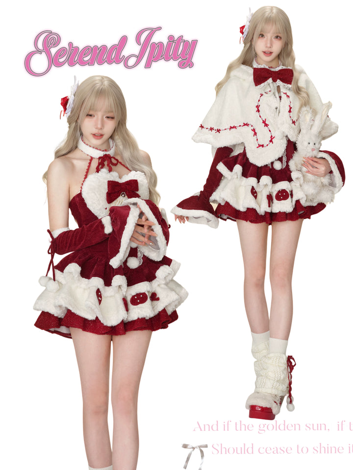 Kawaii Christmas Red Velvet Dress And White Bunny Ear Cape 41118:686506