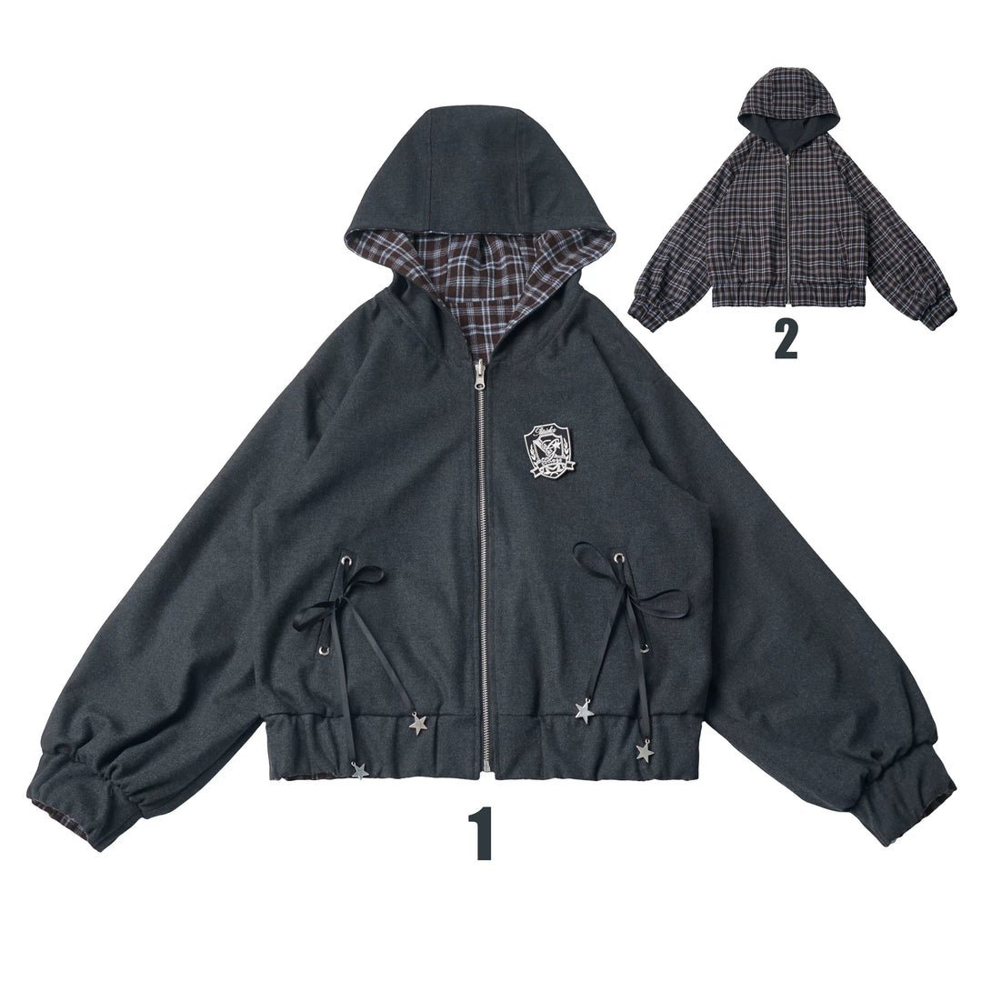 Preppy Reversible Plaid Jacket Set, Striped Blouse (L M S) 45874:868439