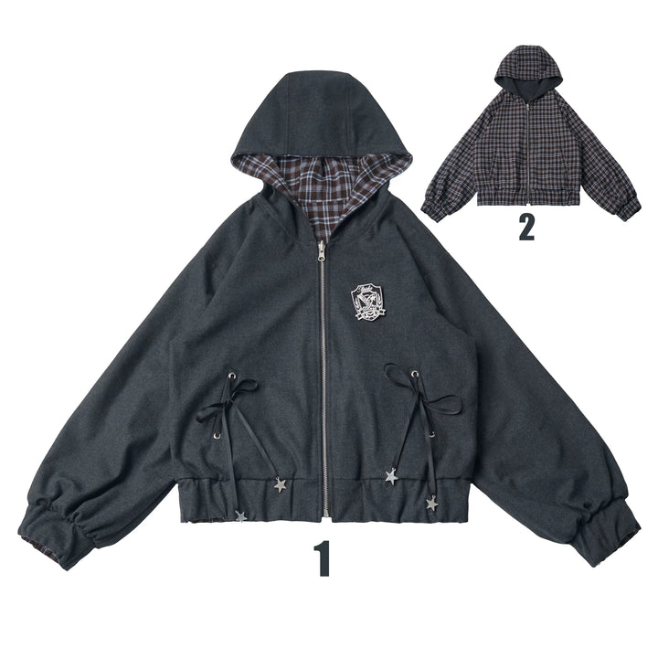 Preppy Reversible Plaid Jacket Set, Striped Blouse (L M S) 45874:868439