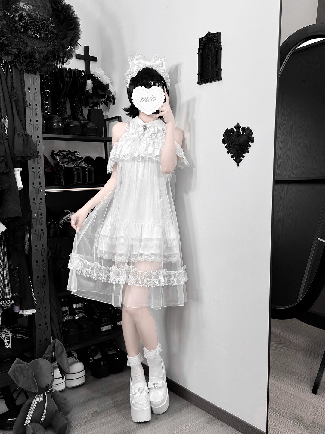 White Lace Open Shoulder Dress, Voile Outer Layered 45423:850572