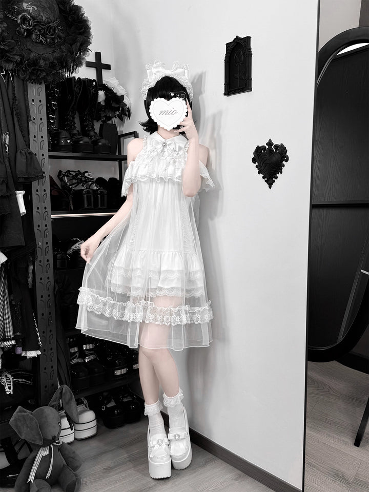 White Lace Open Shoulder Dress, Voile Outer Layered 45423:850572