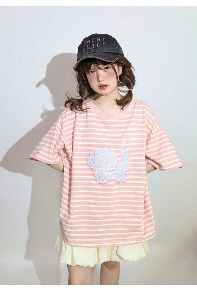 Kawaii Aesthetic Shirt Striped Short Sleeve Cotton Top 36562:518416