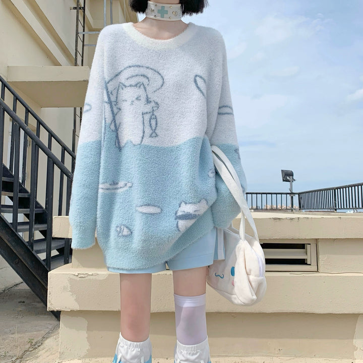 Tenshi Kaiwai Sweater Blue Sweatshirt Round Neck Top 41160:694078