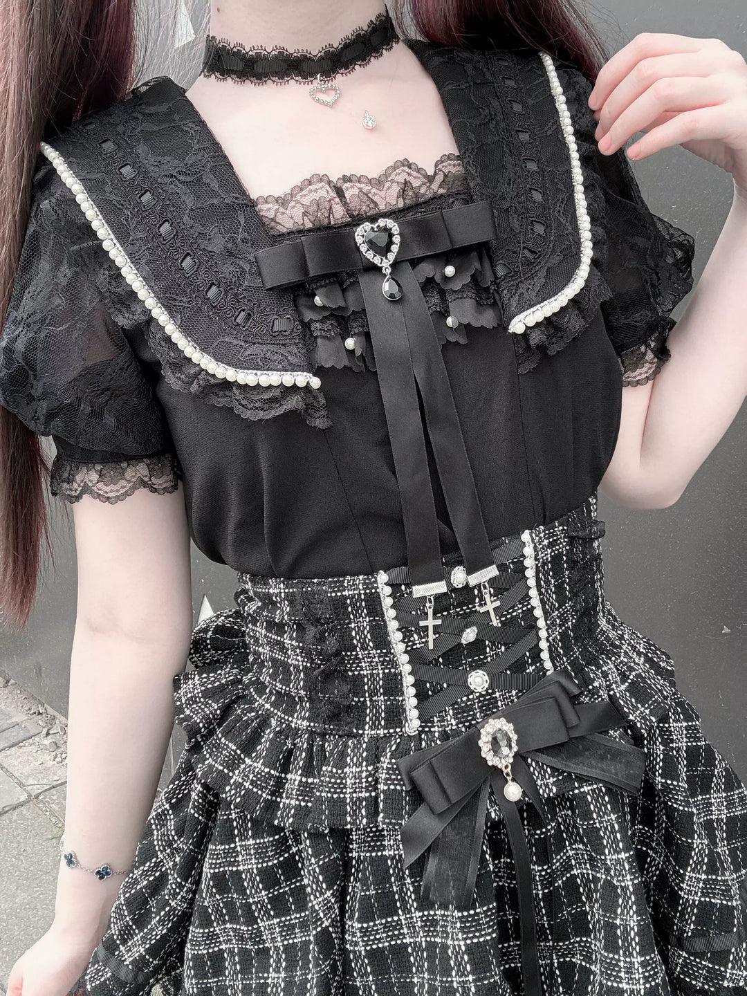Jirai Kei Sailor Collar Blouse, Lace Puff Sleeves 45648:857933