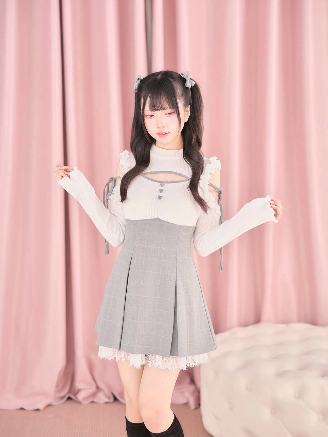 Jirai Kei Open Shoulder Plaid Dress, Chest Cutout 45957:869832