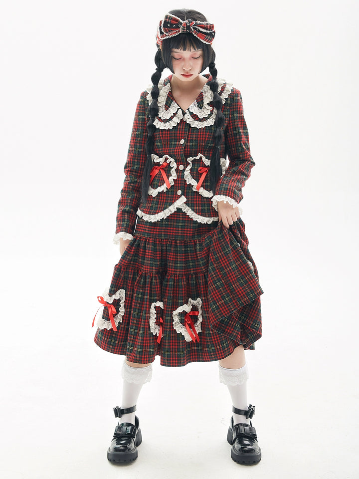 Retro Lolita Skirt Showa Christmas Winter Red Plaid Skirt 40316:662954