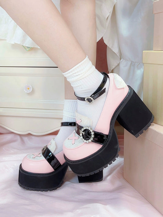 Jirai Kei Black/Pink Platform Shoes With Rhinestones 21996:324482