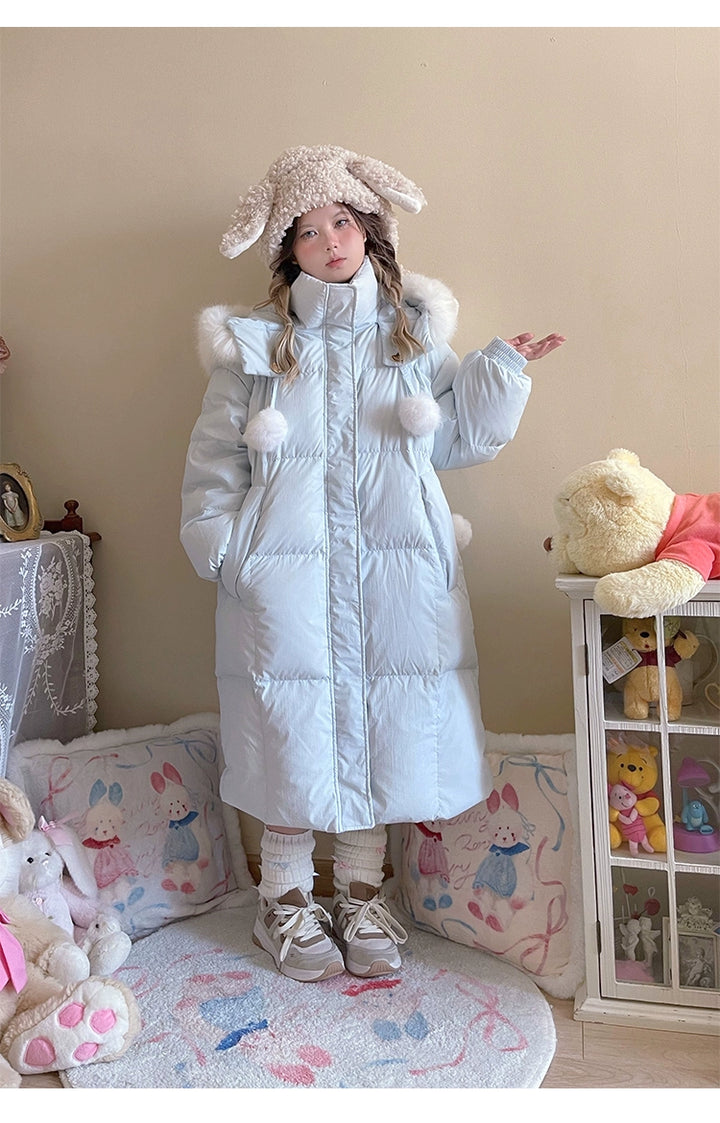 Kawaii Winter Coat Rabbit Ear Hooded Long Down Jacket 40340:665548