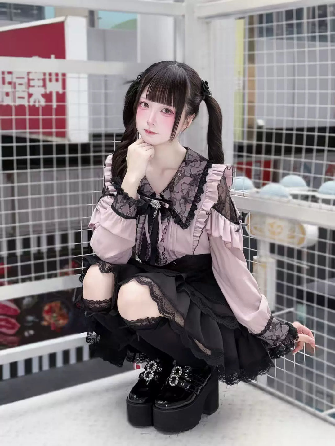 Jirai Kei Long Sleeve Blouse, Lace Overlay and Heart Buttons 44589:815143