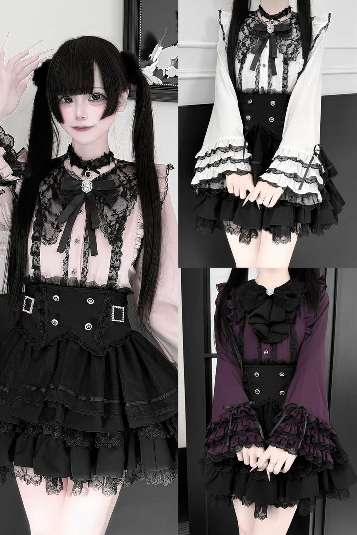 Jirai Kei Lace Blouse, High-Waist Tiered Skirt 44525:811406