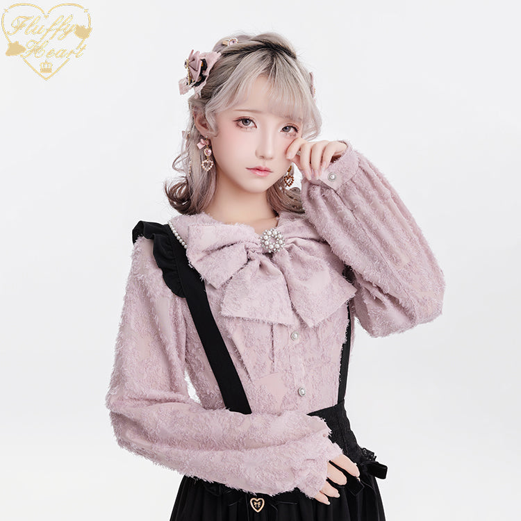 Jirai Kei Blouse White Pink Lace Chiffon Pearl Long Sleeve Shirt (L M S XL) 33754:443430