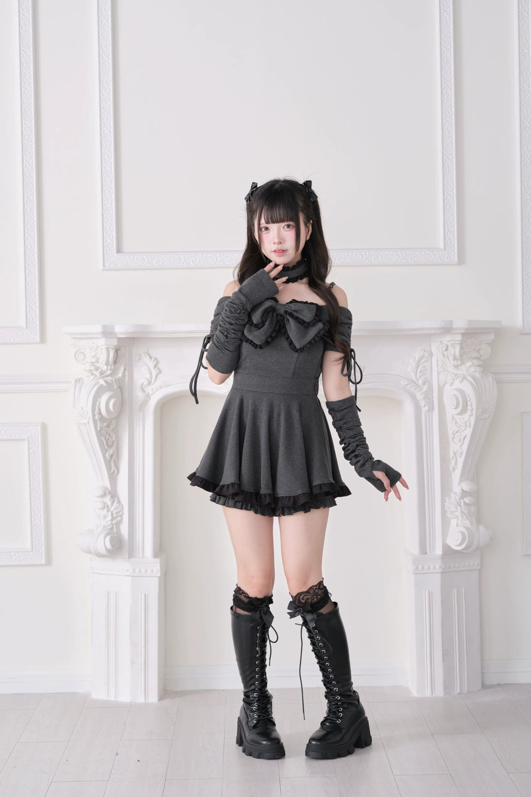 Jirai Kei Dress Set, Off-Shoulder Dress, Ruffled Choker 44943:830420
