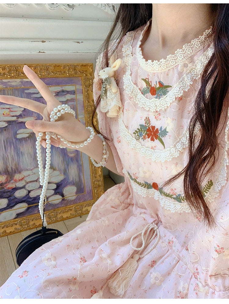 Mori Kei Dress Pink Floral Dress Short Sleeve Dress 36208:523638
