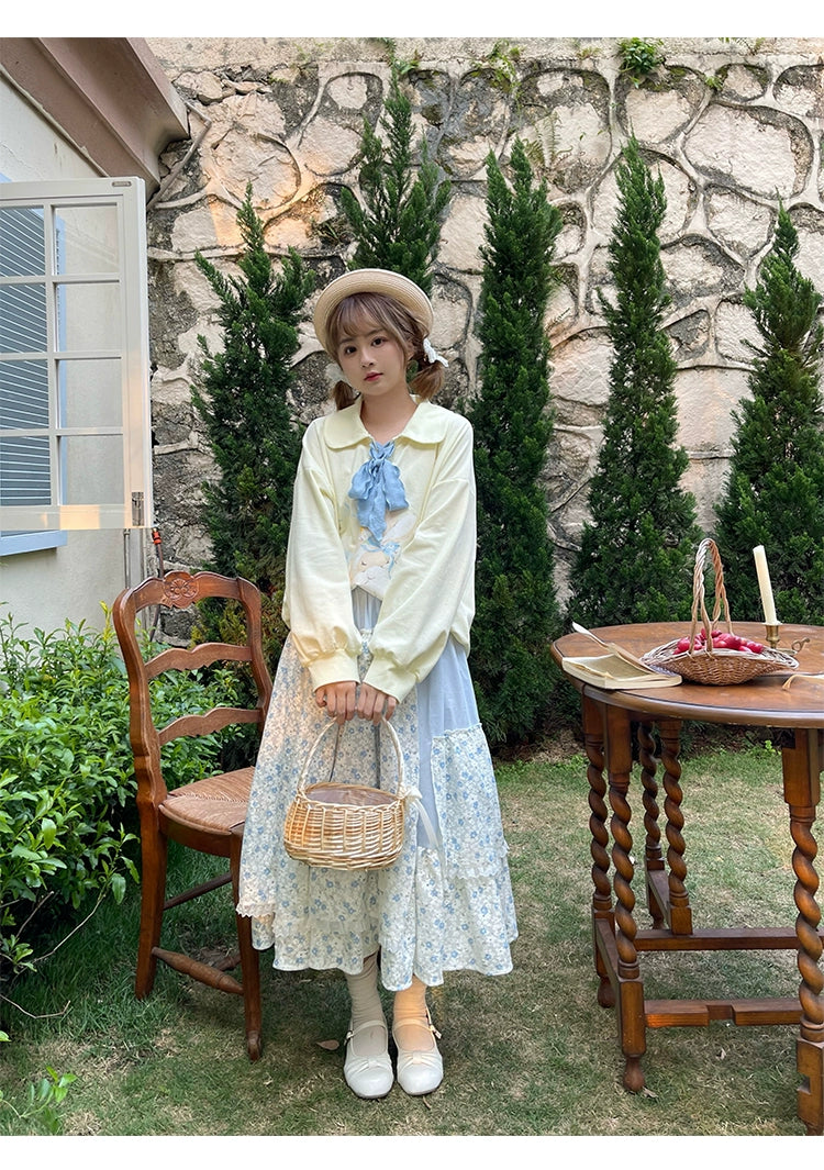 Mori Kei Skirt Patchwork Floral Skirt High Waist Cotton Skirt 36558:531068