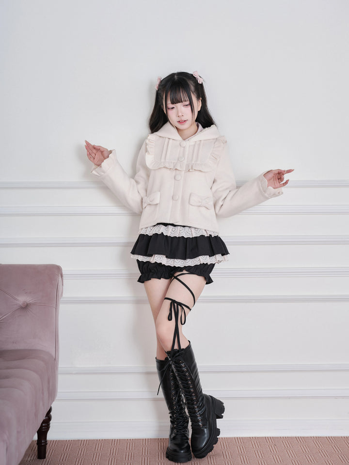 Ryousangata Hooded Solid Coat, Ruffled Neckline 45955:870341