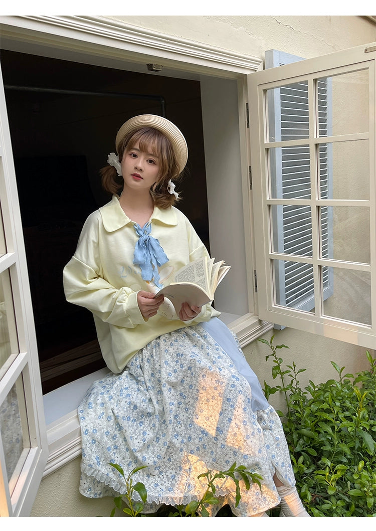 Mori Kei Skirt Patchwork Floral Skirt High Waist Cotton Skirt 36558:531090