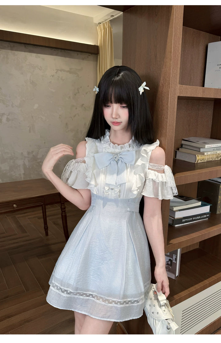 Seiso Kei Open Shoulder Dress, Blue & White Color Spliced 45752:861366