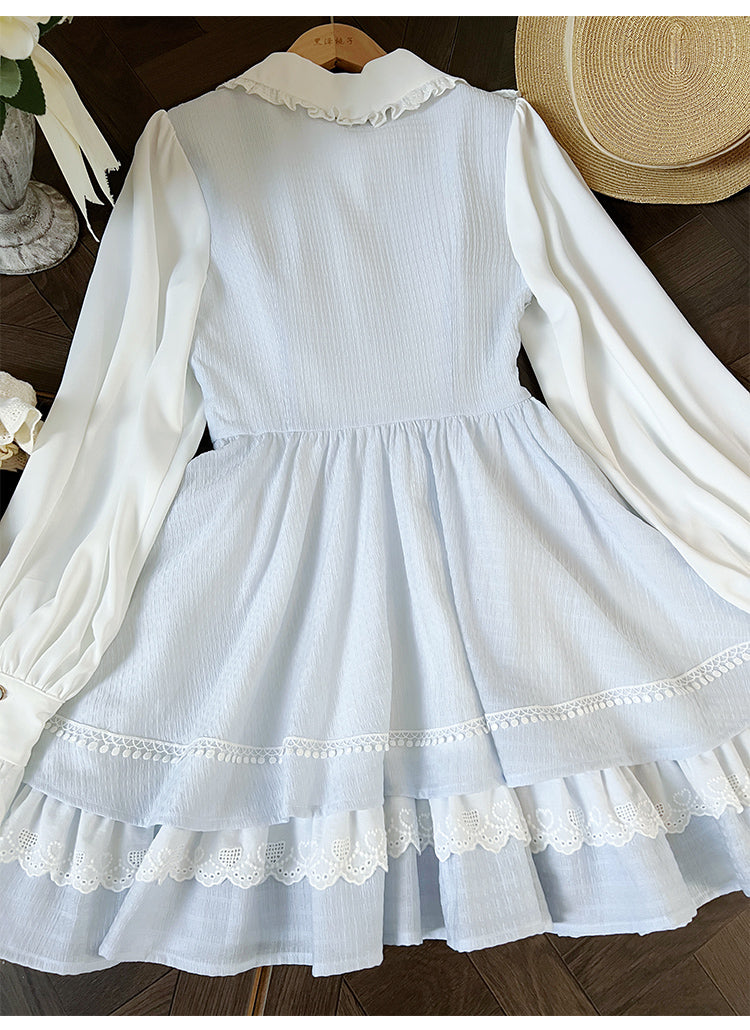 Elegent Dress Blue White Long-sleeved Dress Daily Wear 42241:736288