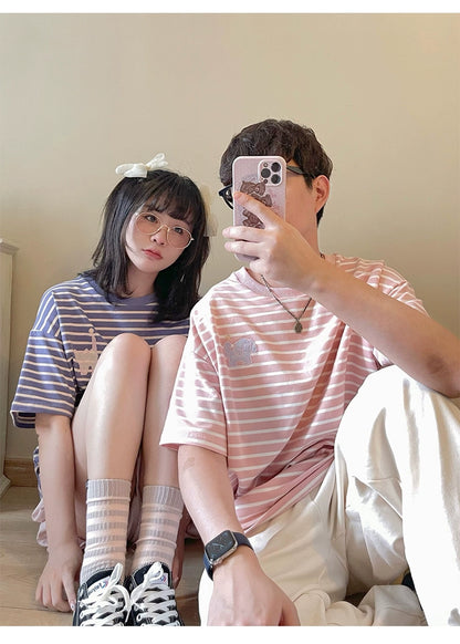 Kawaii Aesthetic Shirt Striped Short Sleeve Cotton Top 36562:518492