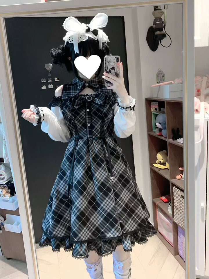 Jirai Kei Plaid Open-Shoulder Dress, Long Sleeves 46111:875334
