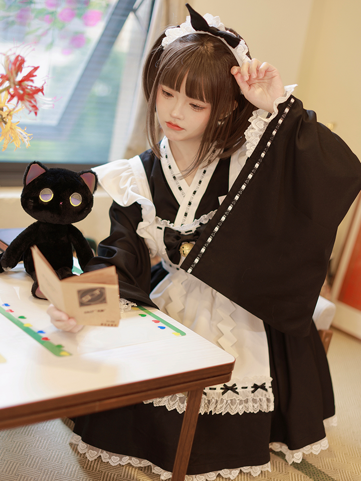 Kawaii Black Maid Blouse Flutter Sleeve Apron Suspender Skirt Set 42282:735143