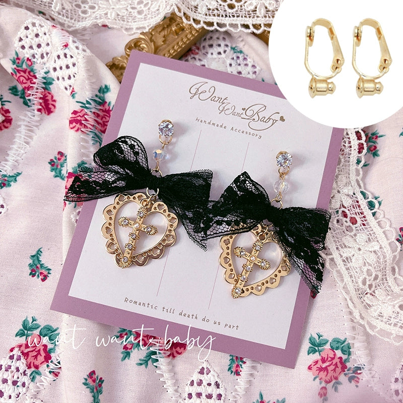 Jirai Kei Earrings Pink Black Lace Heart Cross Studs 35632:543630