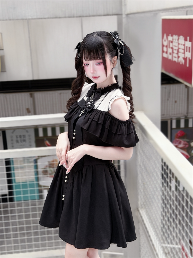 Jirai Kei Open Shoulder Dress, Layered Ruffle 44949:831306