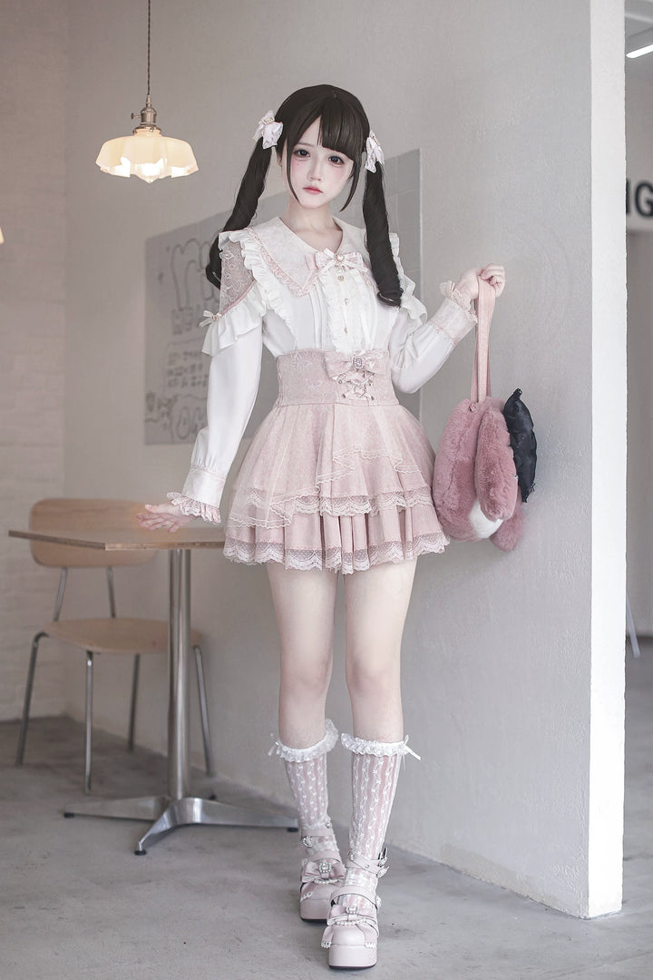 High-waist Jirai Kei Skirt, Pearl & Rhinestone Accents 44782:826685