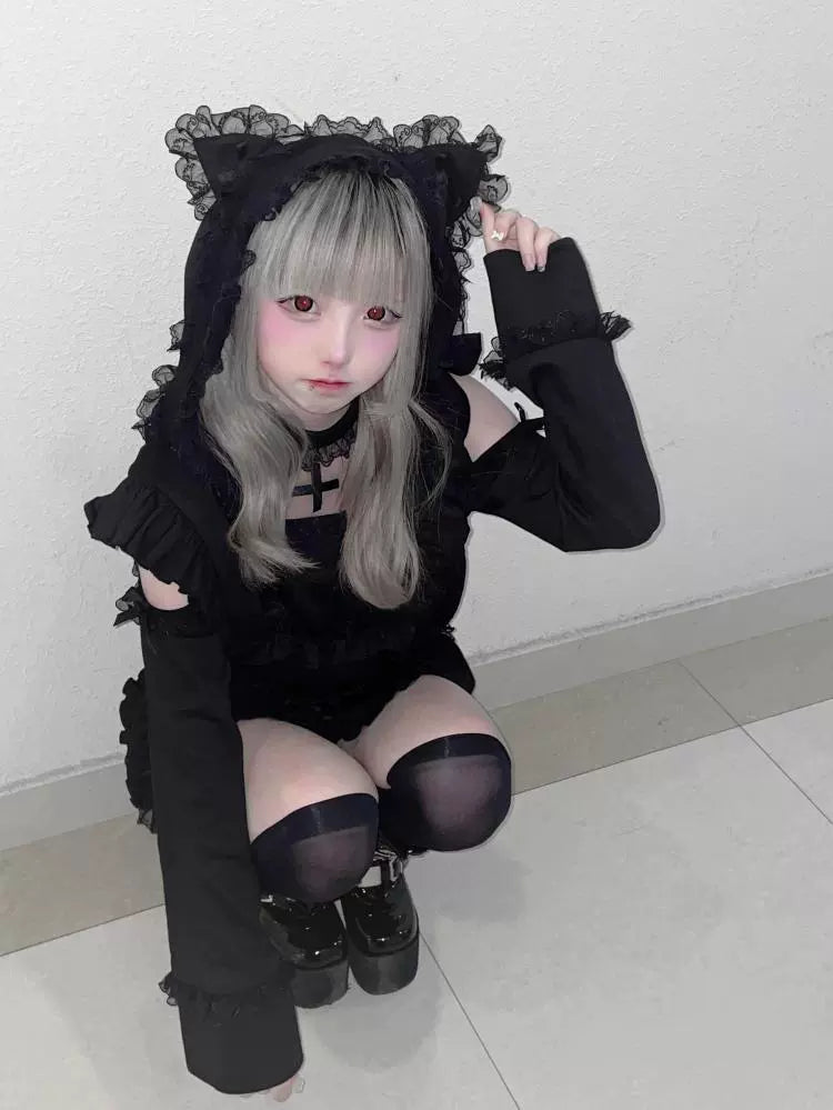 Jirai Kei Black And White Hoodie Cat Ears Hoodie Set 35884:522676