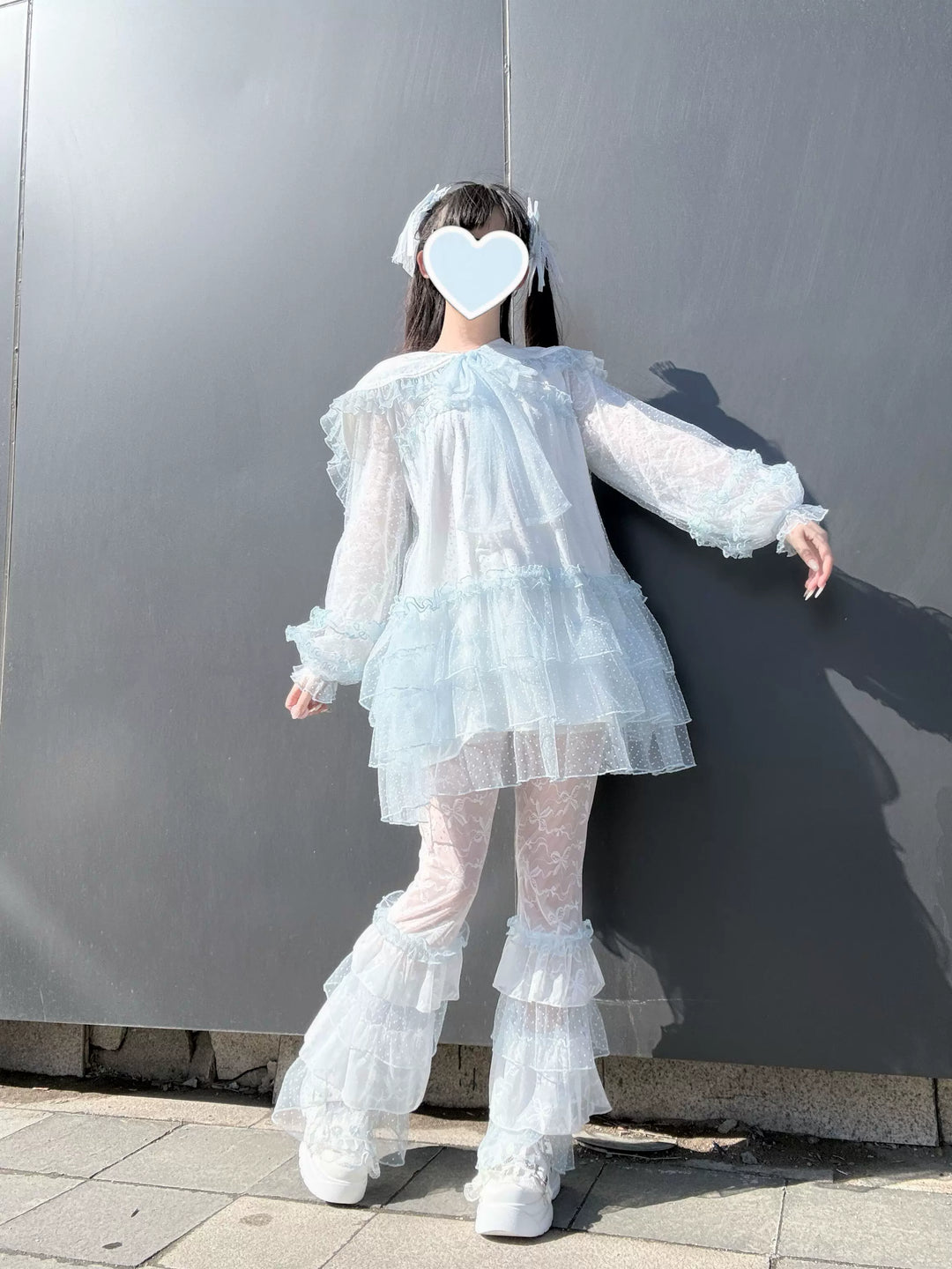 Ryousangata Tulle Polka Dot Blouse & Pants Set 45006:834529