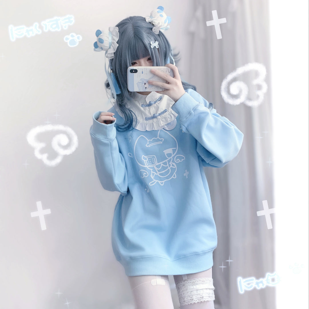 Jirai Kei Black Blue Hoodie With Cat Print 29252:353896