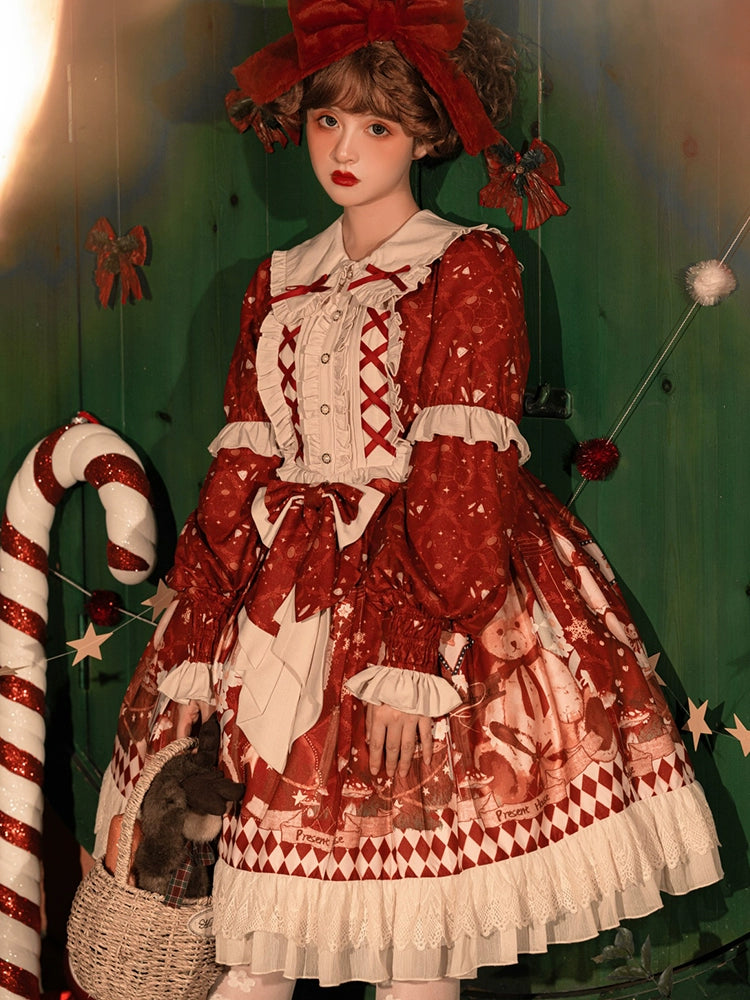 Sweet Lolita Dress Red OP Bear Ear Cape Set For Christmas Cape (One Size only) + OP / L Sweet Lolita Dress Red OP Bear Ear Cape Set For Christmas Cape (One Size only) + OP / L