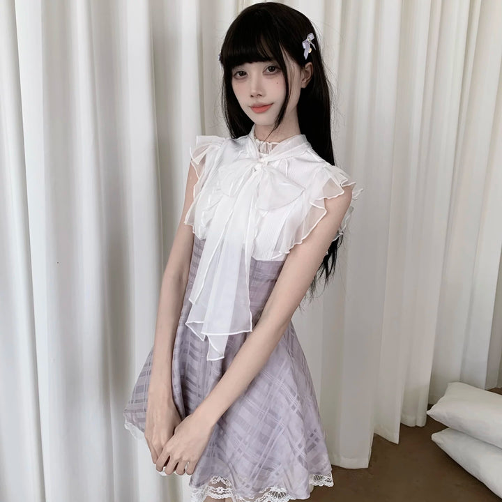 Sleeveless Seiso Kei High-Waist Dress, Purple Plaid Hem 44974:834221