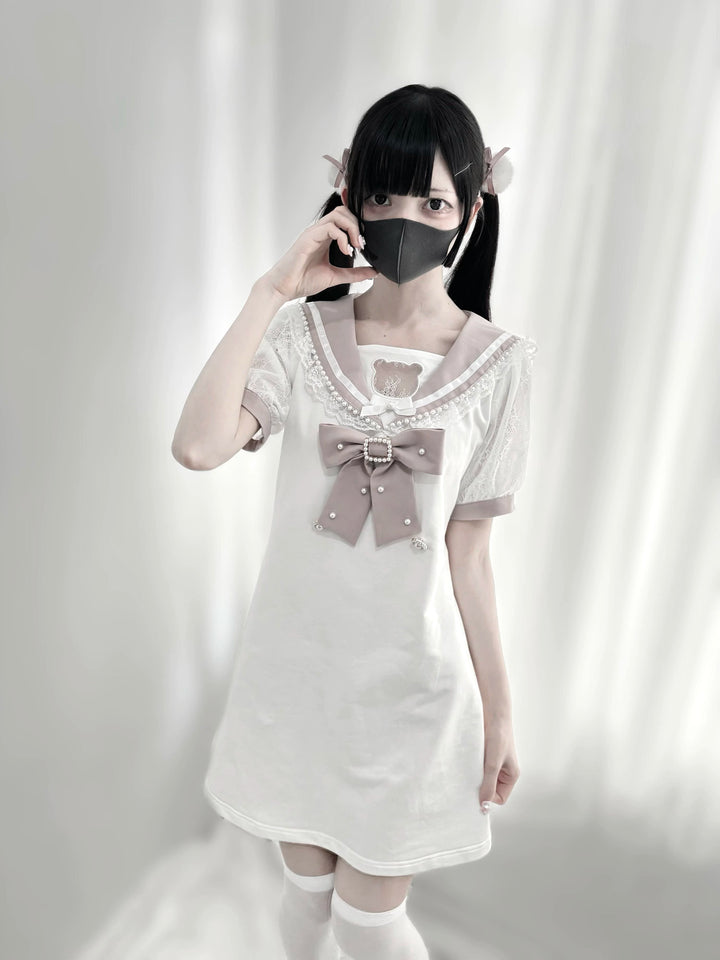 Jirai Kei Dress Sailor Collar Pearl Lace Dress 37656:606534