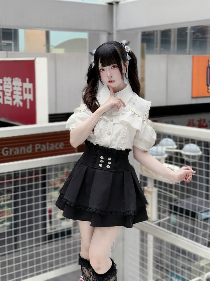 Black Jirai Kei Skirt High Waistband With Rhinestones 43246:770995