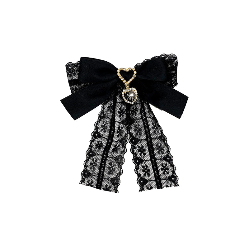 Jirai Kei Lace Bow Heart Rhinestone Pendant Hair Clip (Black) 21586:309848