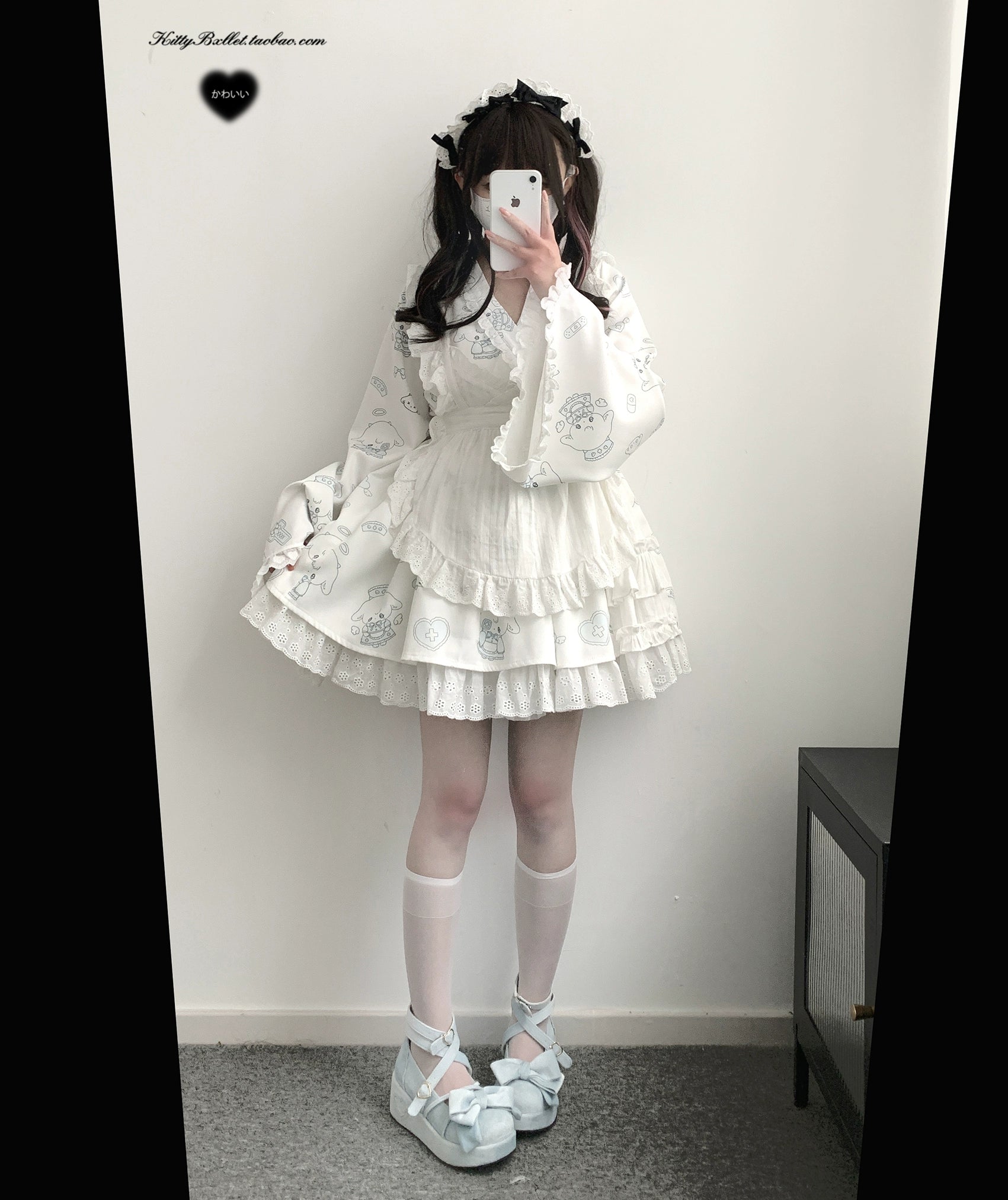 Tenshi Kaiwai Patchwork Skirt Kimono Top White Apron Three-Piece Set 36786:536684