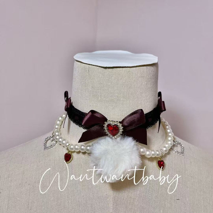 Jirai Kei Lace Choker With Bows Rhinestones And Heart-shaped Ball 42234:733375