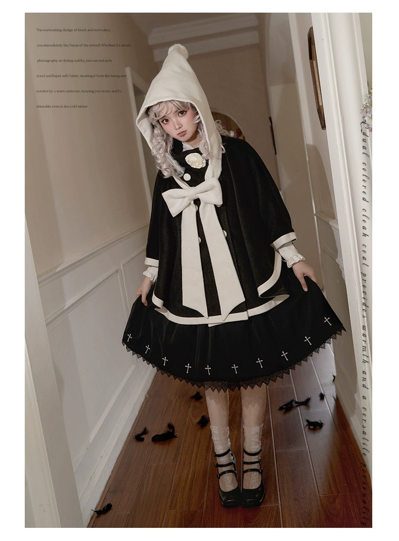 Elegant Lolita Winter Coat Black and White Camellia Cape 40284:658232