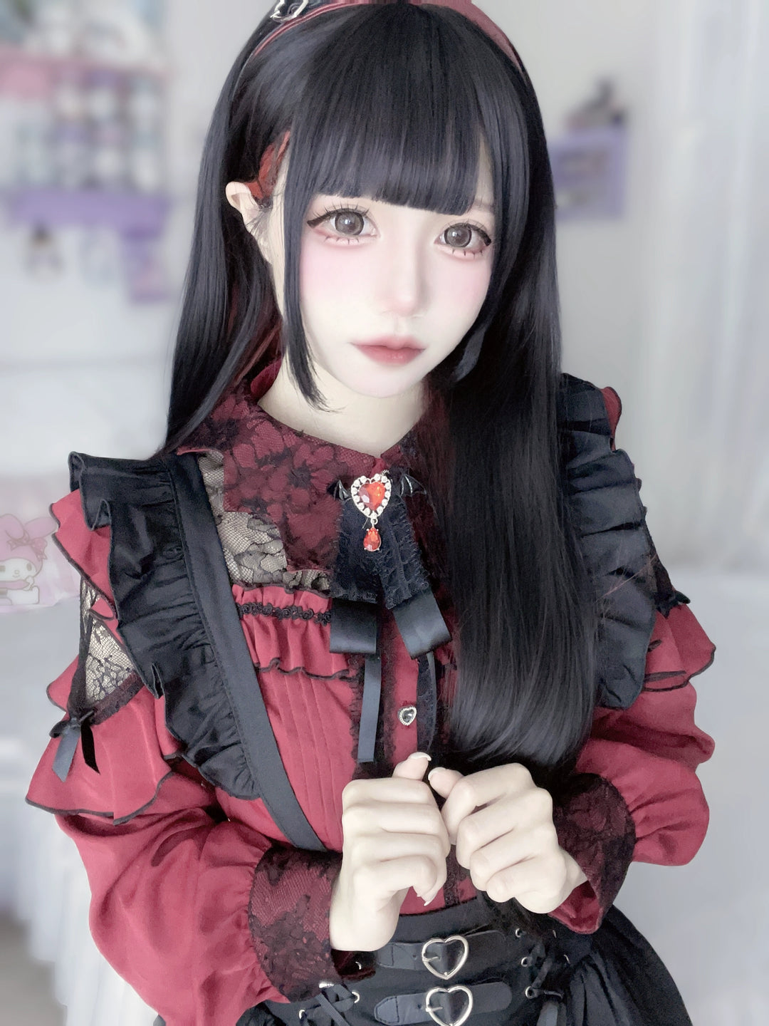 Jirai Kei Blouse Lace Bat Collar Wine Red And Black Shirt 39630:633414