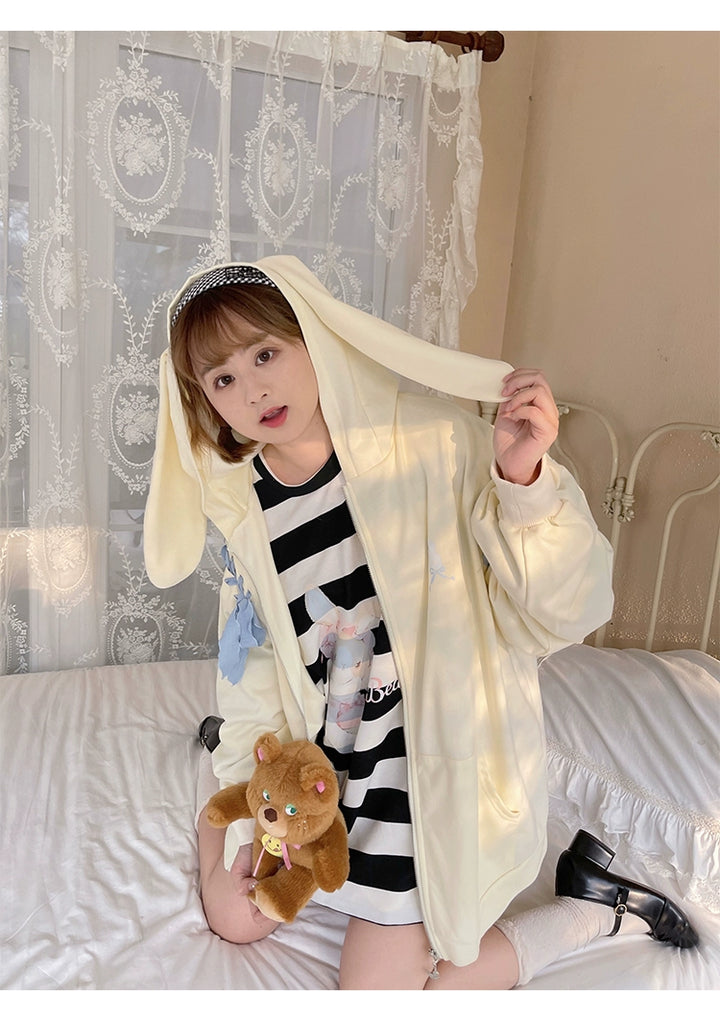 Pastel Oversized Hoodie Blue Apricot Bunny Ears Sweatershirt 22656:344316 22656:344316