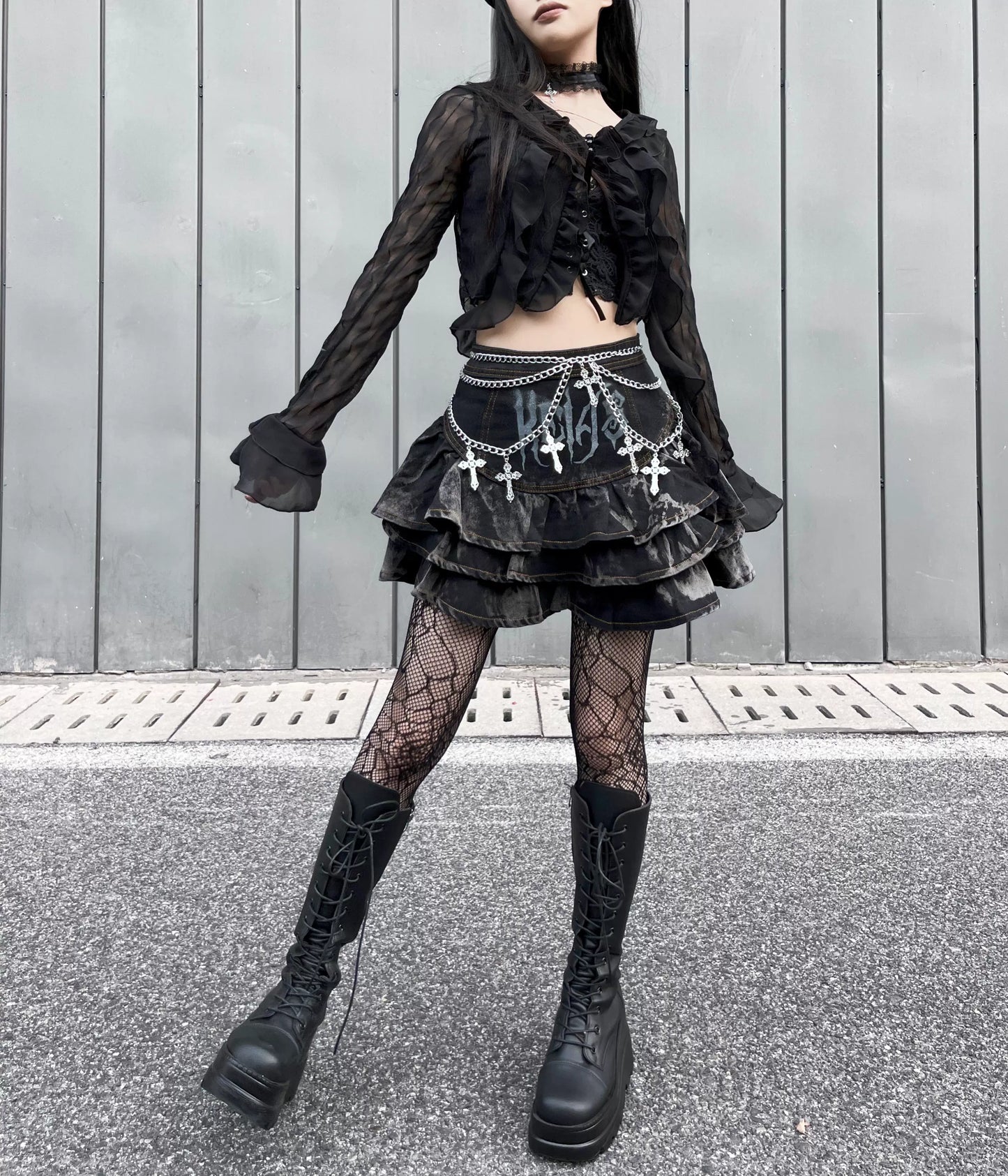 Gothic Puffy Skirt Subculture High Waist Denim Skirt 37472:560806