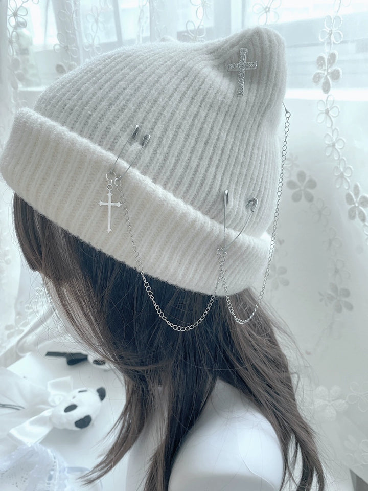 Jirai Kei Harajuku Fashion Cross Chain Knit Cat Ear Hat 21666:311334 21666:311334