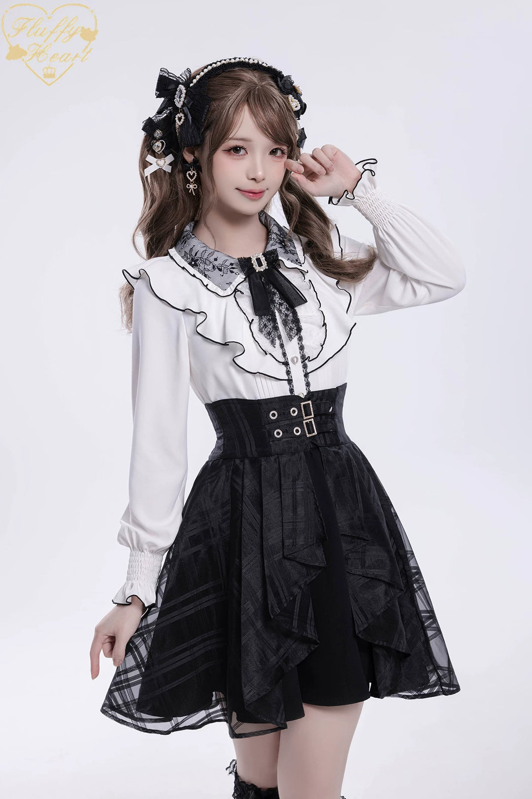 Jirai Kei Long-Sleeved Shirt, Ruffled Collar 45128:835571