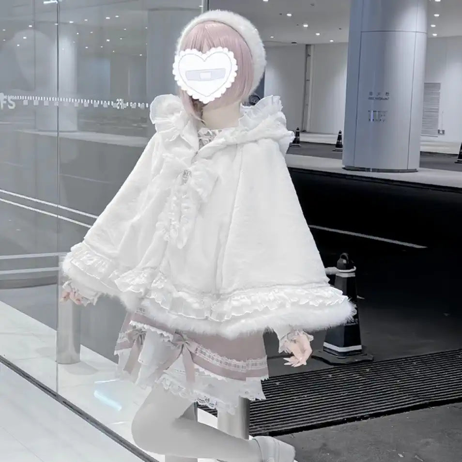 Jirai Kei Winter Coat Fleece Hoodie Cape Coat With Cat Ears