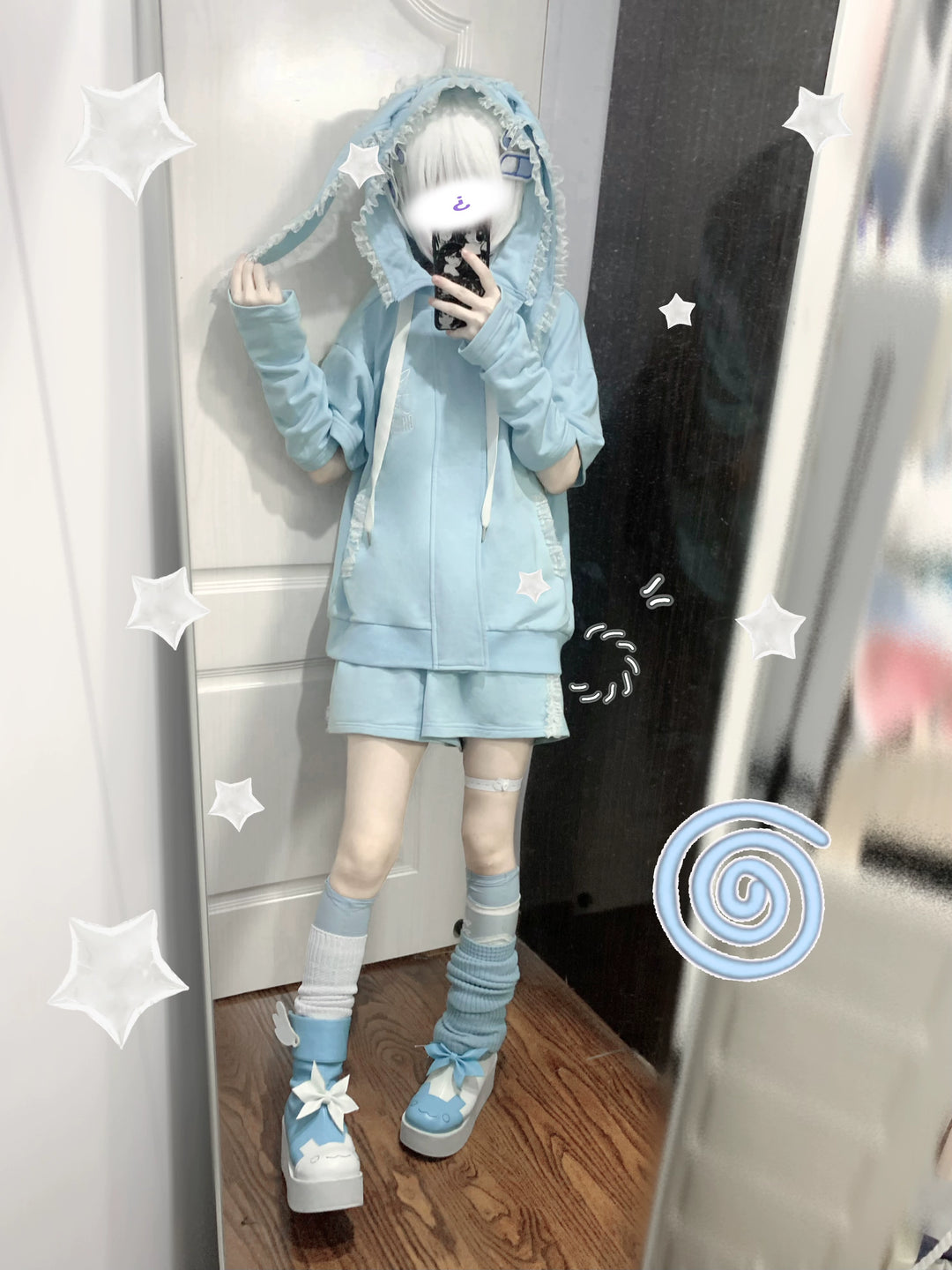 Tenshi Kaiwai Coat Summer Light Blue Short Sleeve Hoodie 29442:349878