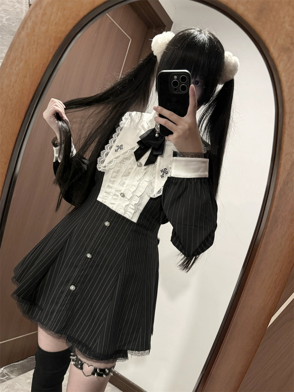 Jirai Kei Dress Set, Pointed Collar With Cross Accents 44145:797338