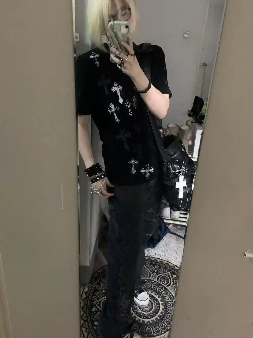 Cotton Subculture Cross Printed T-Shirt, Regular Shoulder 45696:859096